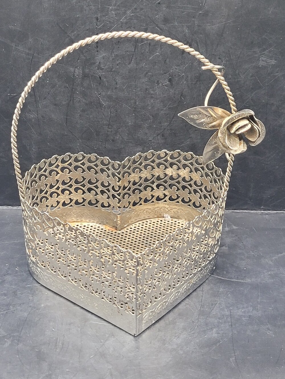 Vintage Silver Tone Metal Filigree Heart Basket Twisted Handle Rose Flower 6.25"